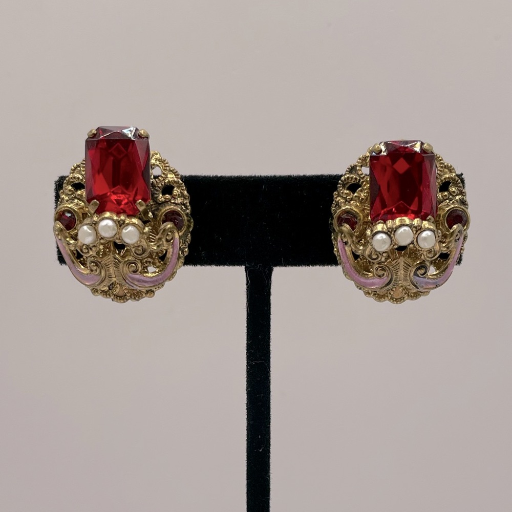 VINTAGE Baroque Crystal Pearl Clip On Earrings West Germany